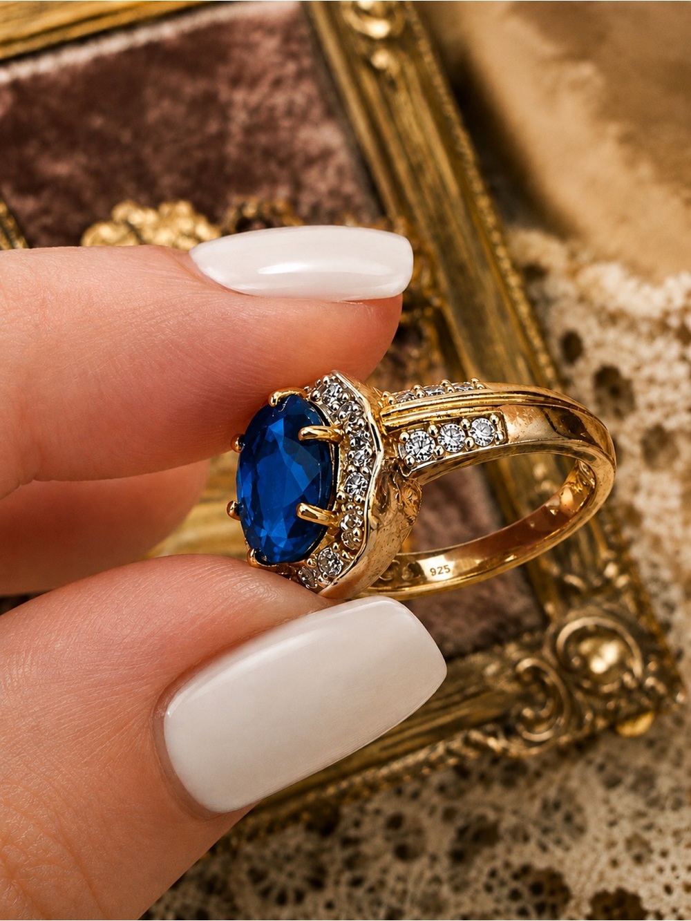 MACY’S • Gold 925 Vermeil Halo Crystal Sapphire Estate Ring - Picture 4 of 9